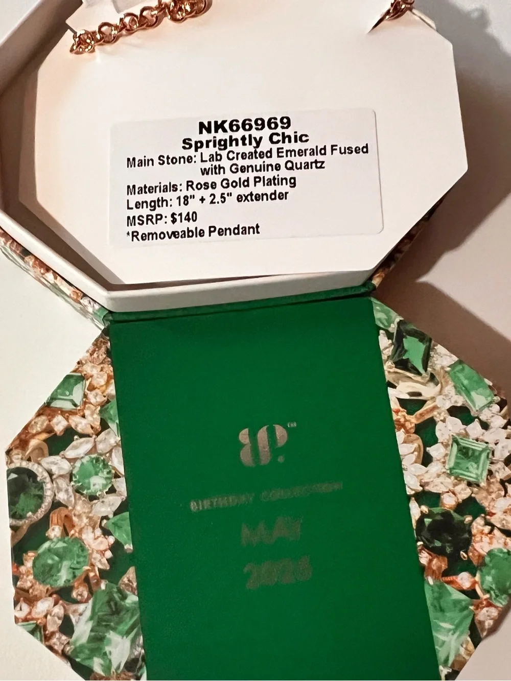 NWT bp Rose Gold Necklace with Green Emerald-Style Pendant